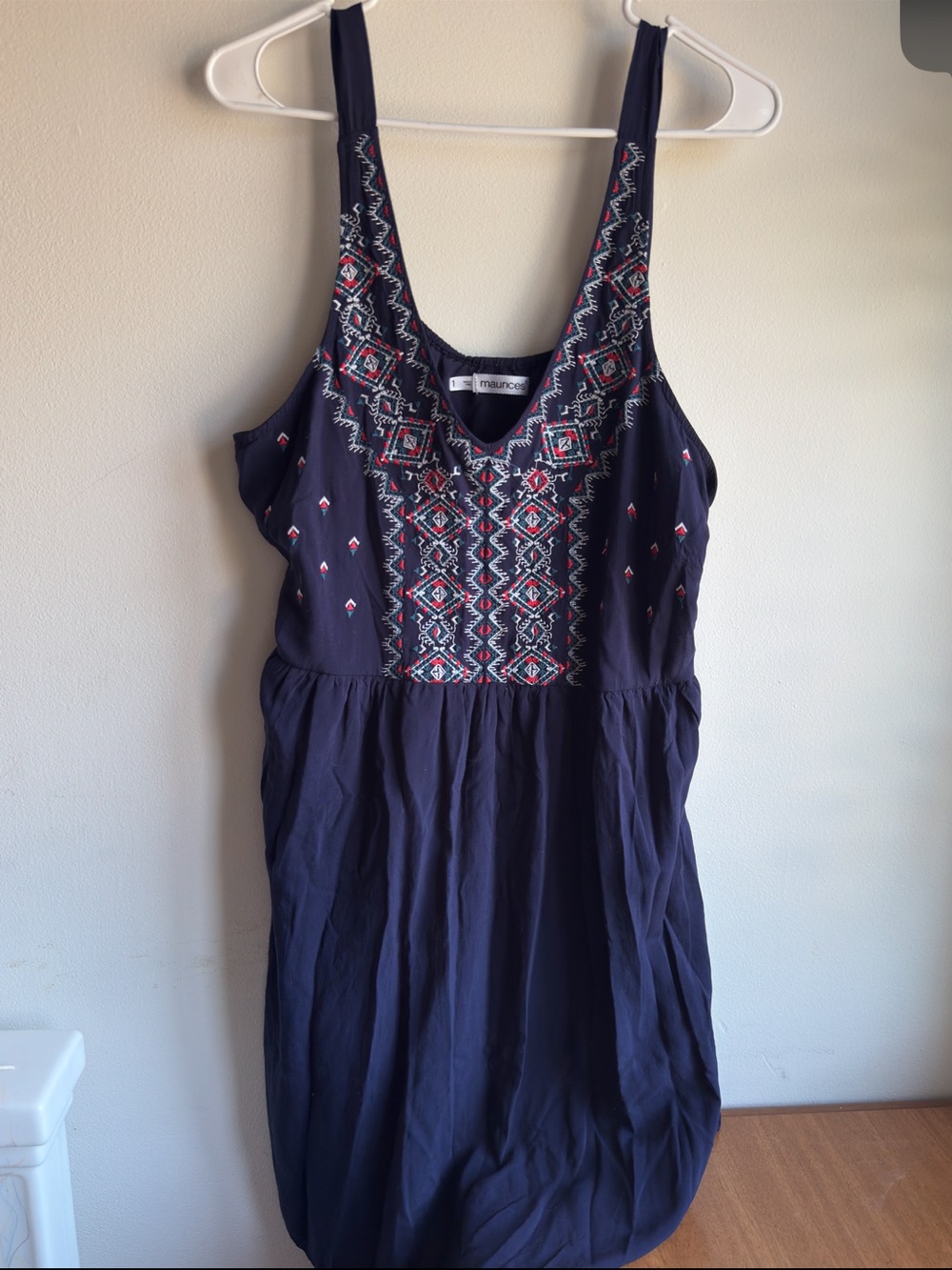 Maurices Size 1X Navy Embroidered Boho Sleeveless Babydoll Dress